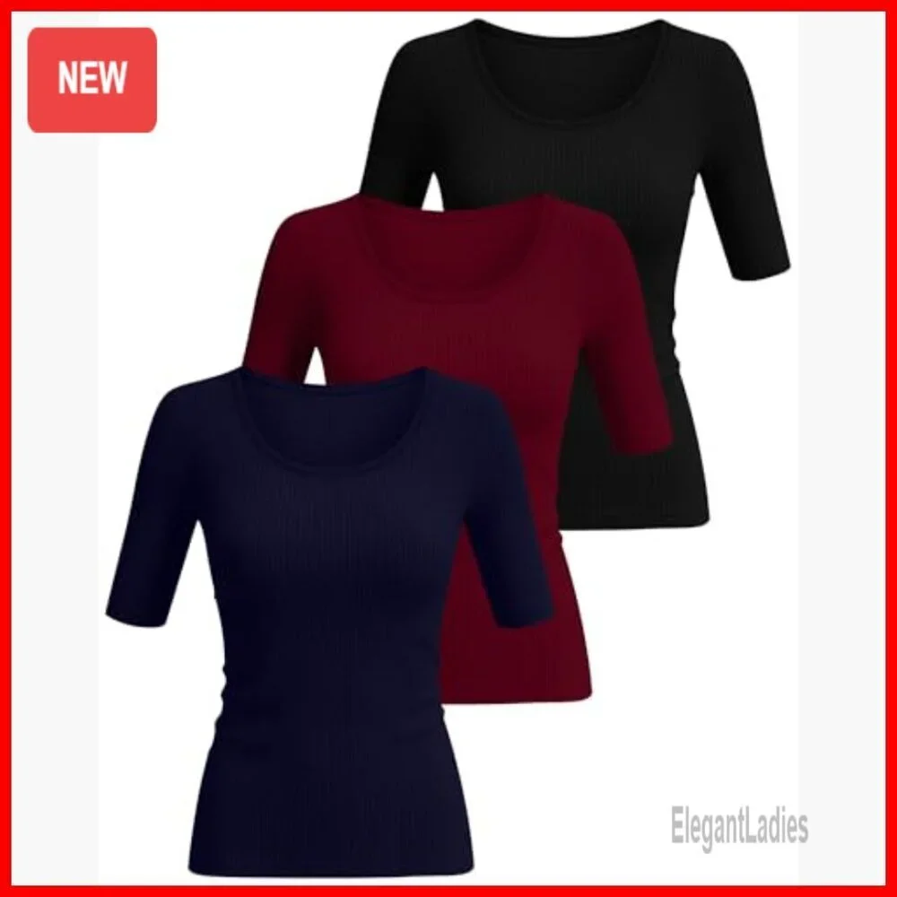 3 Pack Ribbed Half Sleeve Tops Slim Fit Scoop Neck Tees Summer Casual